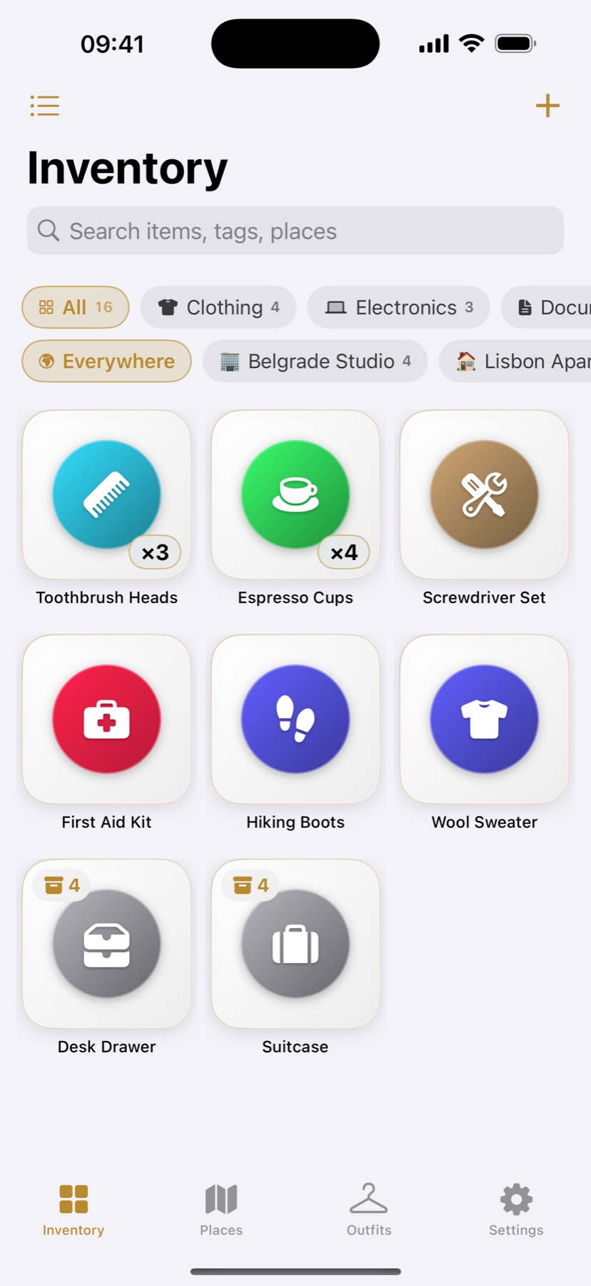 Inventory grid with categorized items and containers