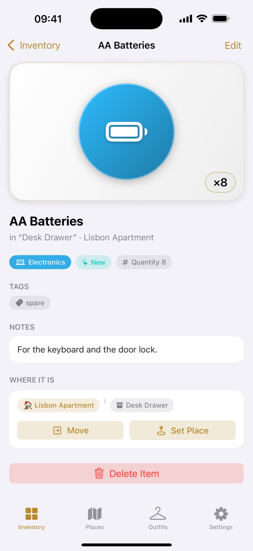 Item detail showing where AA batteries are stored