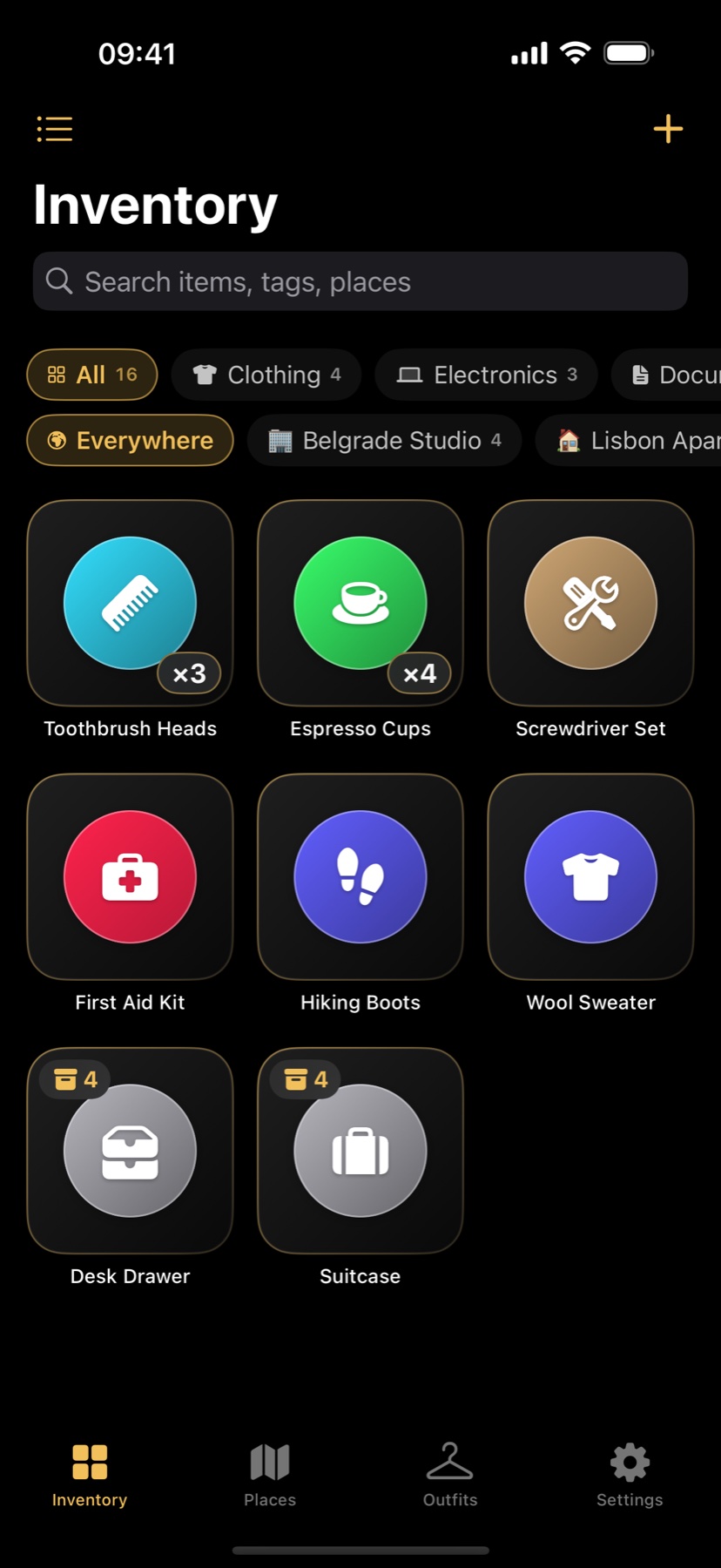 Inventory grid in dark mode